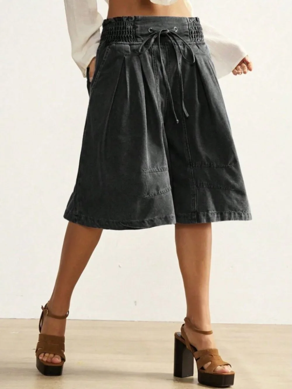 Black Denim Bermuda Shorts - Smocked Waist Drawstring